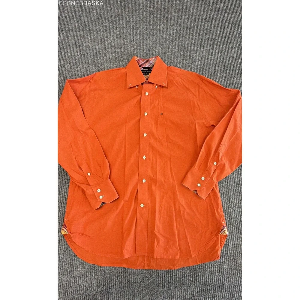 Tommy Hilfiger Mens Long Sleeve Button Down Shirt Orange Plaid Trim Contrast - M